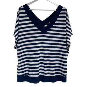 Lane Bryant 18/20 Plus-size blue + gray striped double V-neck‎ knit top